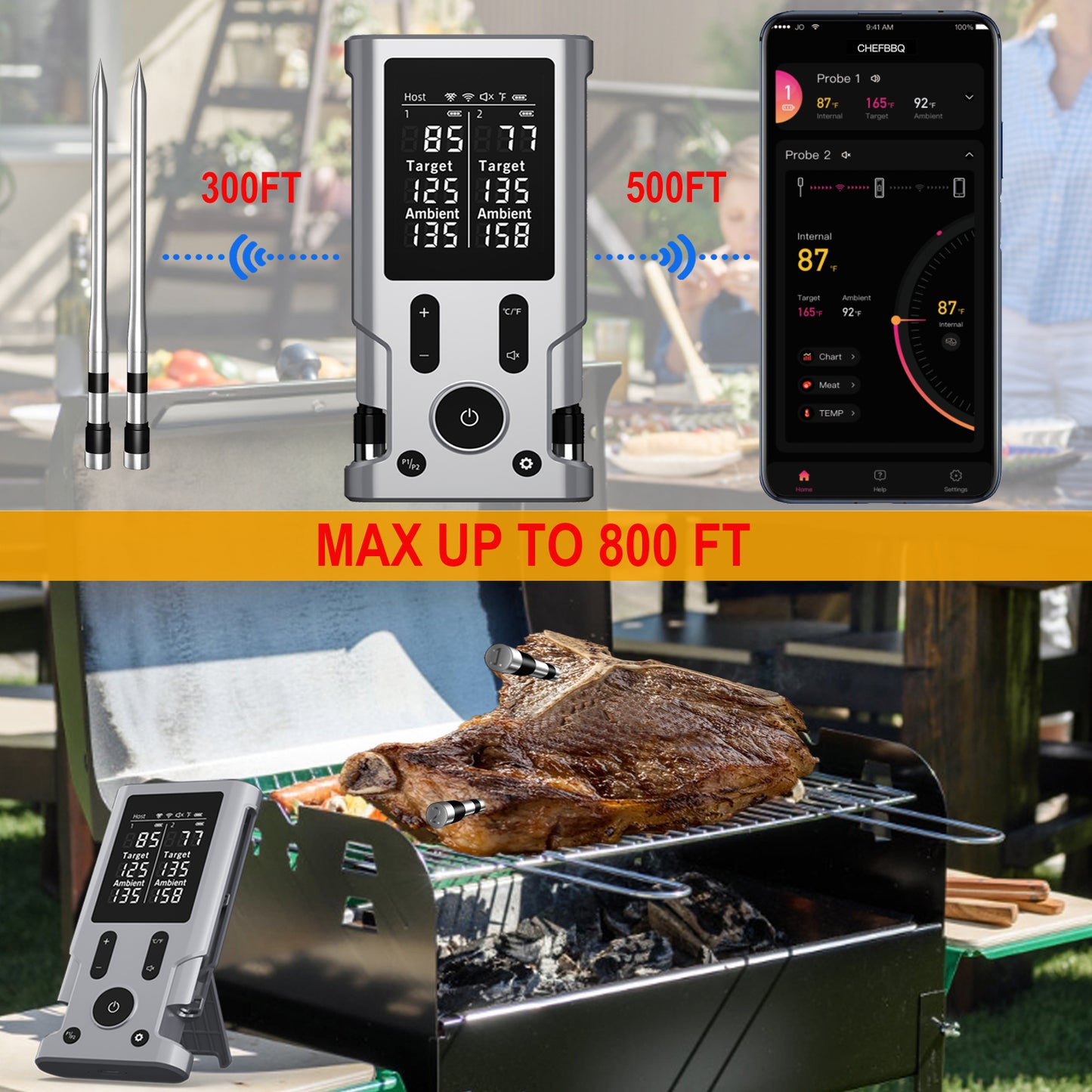 800FT Smart Wireless Meat Thermometer App Host Control, Bluetooth Digital Meat Thermometer for Barbecue, Outdoor Grilling, Oven & Smoker