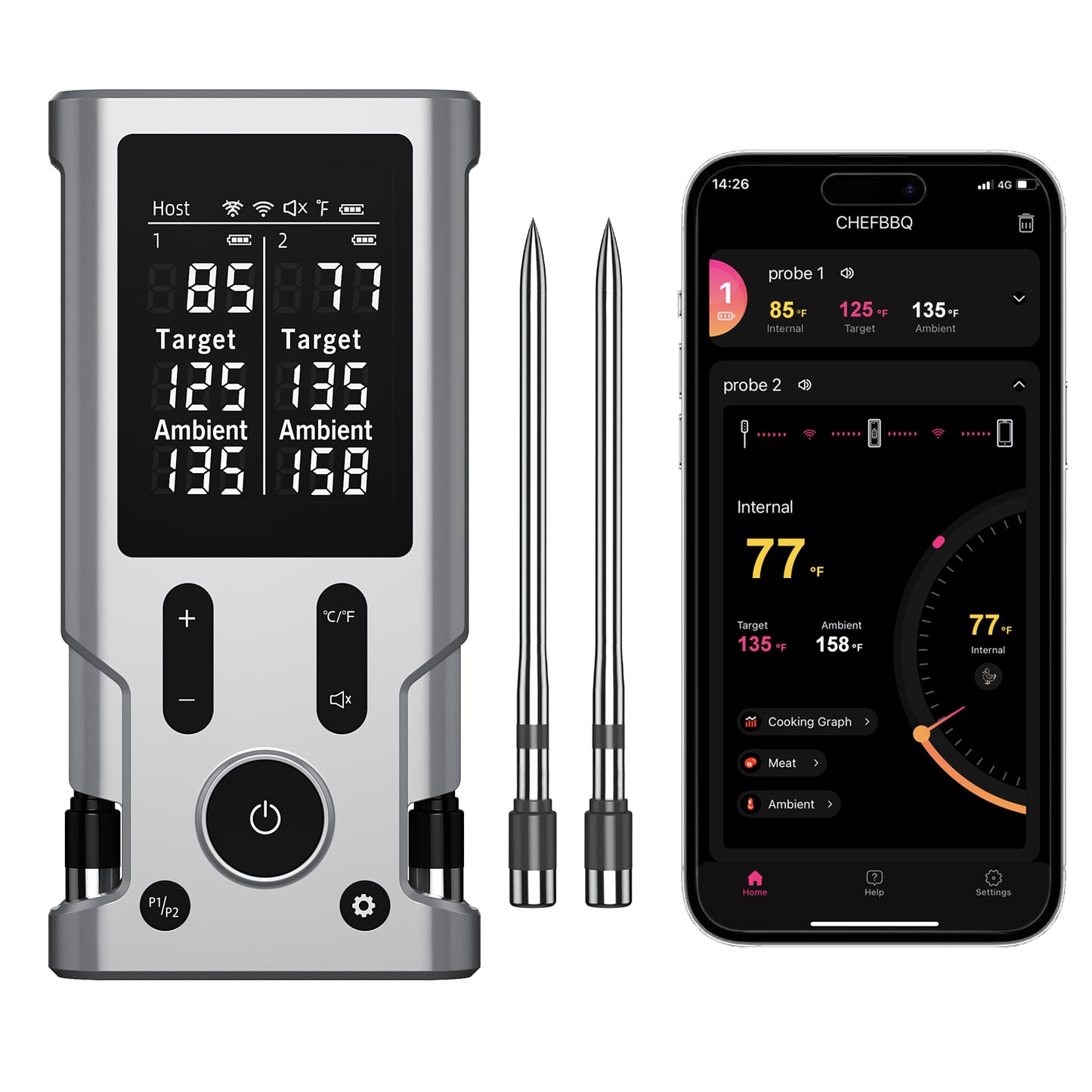 800FT Smart Wireless Meat Thermometer App Host Control, Bluetooth Digital Meat Thermometer for Barbecue, Outdoor Grilling, Oven & Smoker