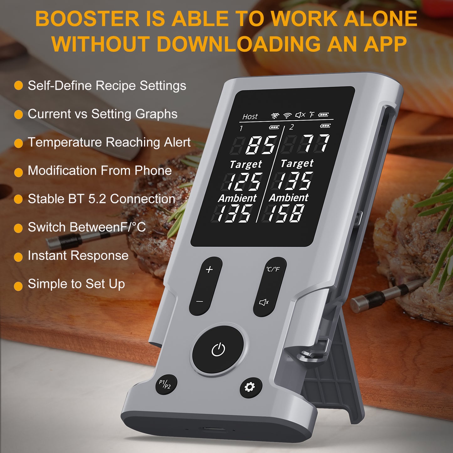 800FT Smart Wireless Meat Thermometer App Host Control, Bluetooth Digital Meat Thermometer for Barbecue, Outdoor Grilling, Oven & Smoker