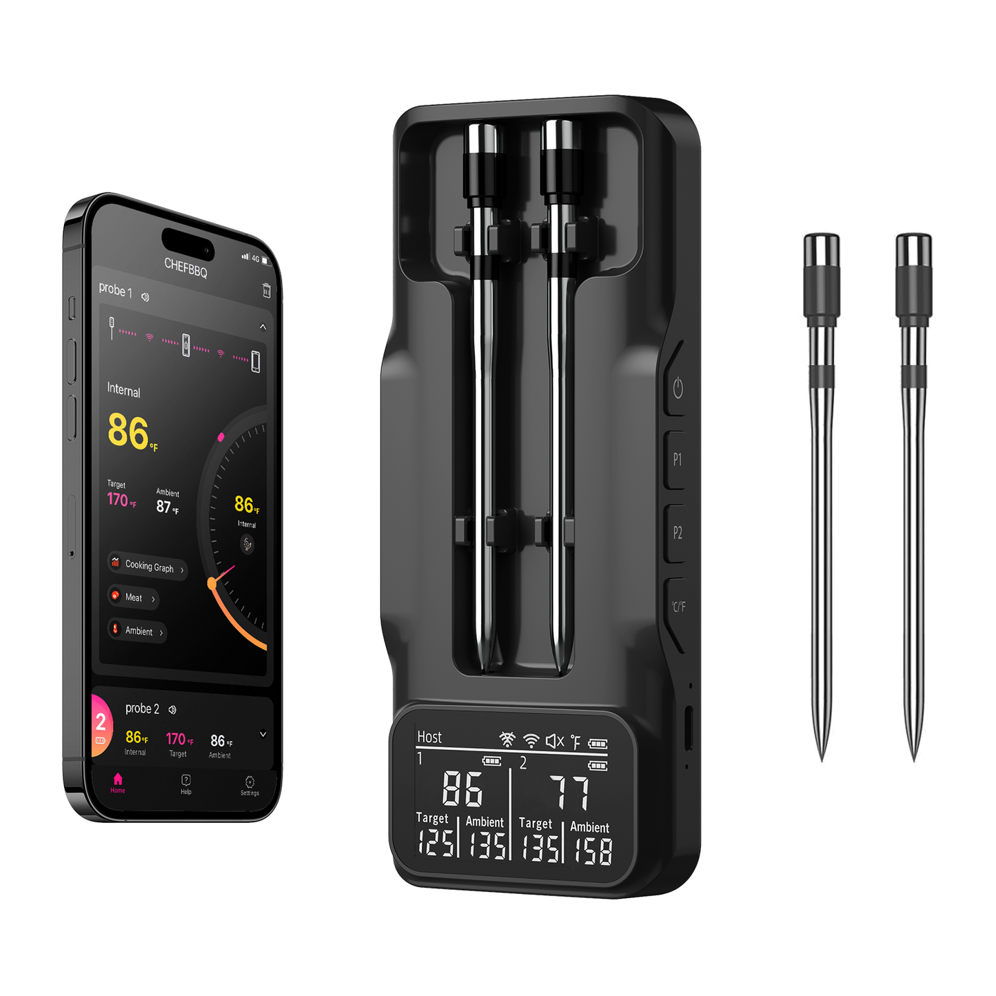 800FT Smart Wireless Meat Thermometer with Digital Meat Probe, Bluetooth Meat Thermometer with App Host Control for Barbecue, Outdoor Grilling, Oven & Smoker