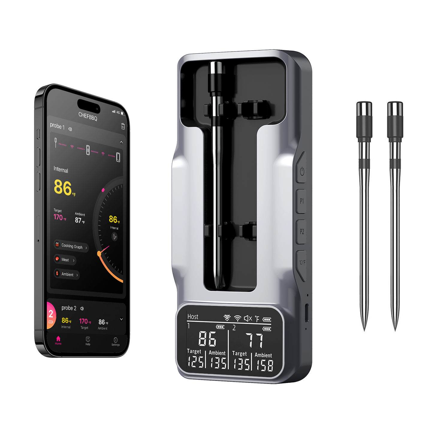 800FT Smart Wireless Meat Thermometer with Digital Meat Probe, Bluetooth Meat Thermometer with App Host Control for Barbecue, Outdoor Grilling, Oven & Smoker