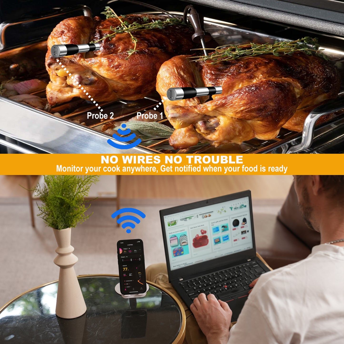 800FT Smart Wireless Meat Thermometer App Host Control, Bluetooth Digital Meat Thermometer for Barbecue, Outdoor Grilling, Oven & Smoker
