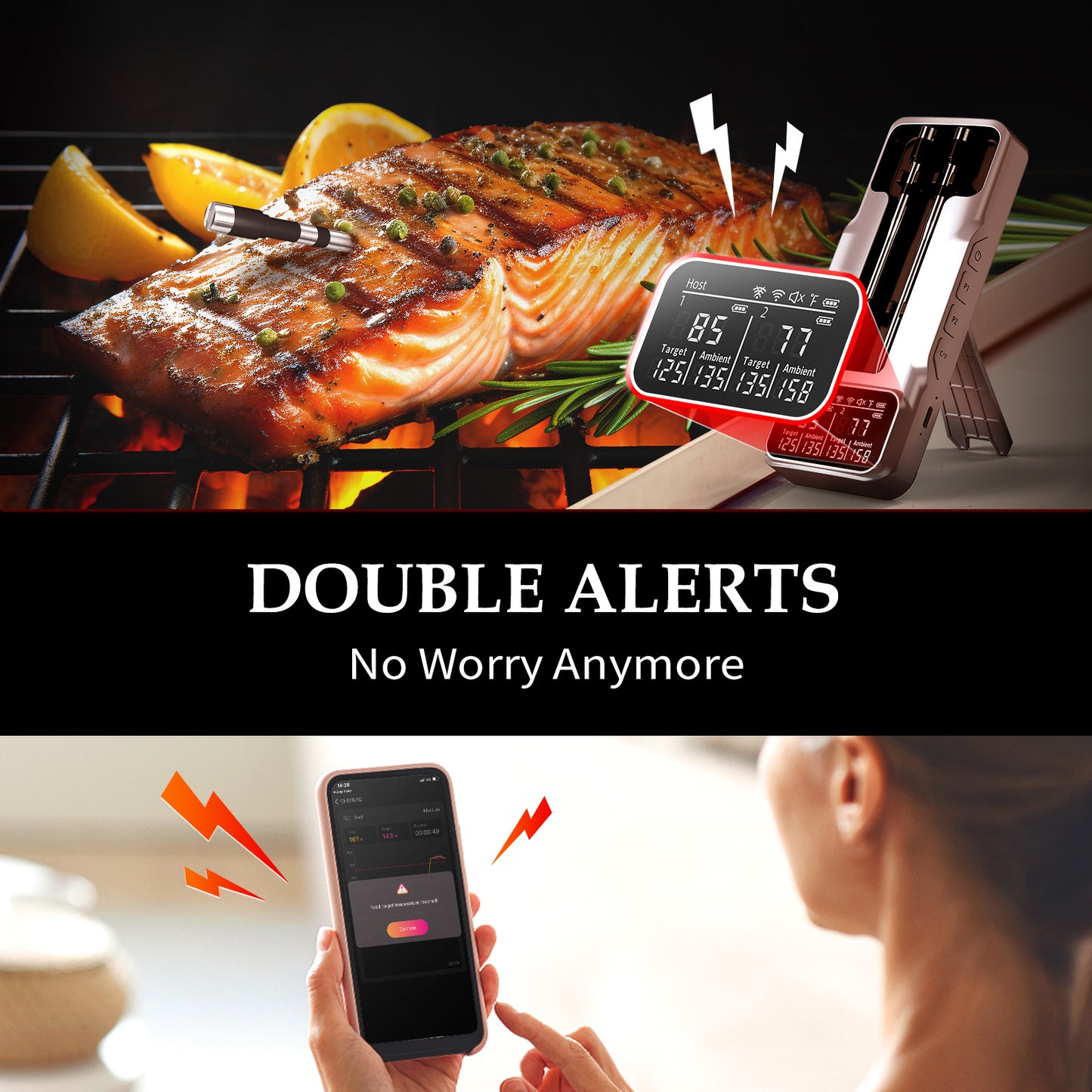 800FT Smart Wireless Meat Thermometer with Digital Meat Probe, Bluetooth Meat Thermometer with App Host Control for Barbecue, Outdoor Grilling, Oven & Smoker